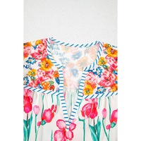 Pink Floral Print Striped Detail Split Neck Short Sleeve Blouse - L thumbnail