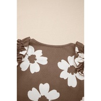 Brown Floral Textured Ruffled Short Sleeve Square Neck Blouse - L thumbnail