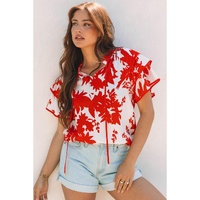 Red Plant Print Tiered Ruffled Sleeve V Neck Blouse - M thumbnail