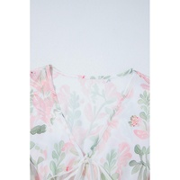 Pink Floral Puff Sleeve V Neck Tied Front Peplum Blouse - L thumbnail