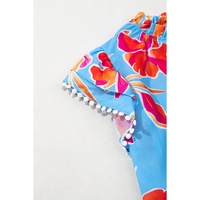 Sky Blue Floral Print V Neck Pompom Trim Flutter Sleeve Blouse - L thumbnail