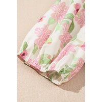 Pink Floral Print Drawstring V Neck Peplum Blouse - L thumbnail