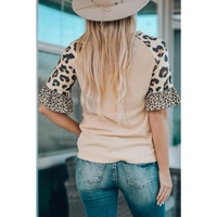 Azura Exchange Leopard Ruffle Sleeve Waffle Knit Top - S thumbnail