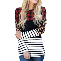 Plaid Print Leopard Splicing Striped Color Block Long Sleeve Top - S thumbnail