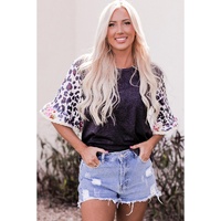 Azura Exchange Leopard Floral Patchwork Ruffle Bell Sleeve Top - M thumbnail