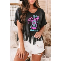 Azura Exchange Guitar Slogan Print Fringed V Neck Graphic Tee - L thumbnail