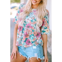 Azura Exchange Bohemian Flower Print Flowy Short Sleeve Top - M thumbnail