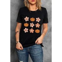 Black Pumpkin Flower Print Short Sleeve Graphic Top - 2XL thumbnail