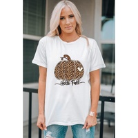 White Hello Fall Leopard Pumpkin Graphic T Shirt - M thumbnail
