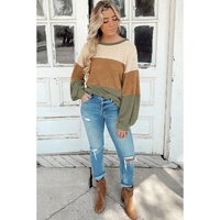 Green Stripe Textured Color Block Bubble Sleeve Baggy Top - S thumbnail