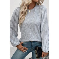 Gray Contrast Ribbed Bishop Sleeve Top - L thumbnail