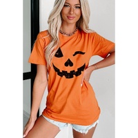 Orange Halloween Pumpkin Face Print Crew Neck T Shirt - S thumbnail