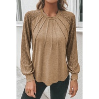 Light French Beige Contrast Lace Raglan Sleeve Plicate Round Neck Top - S thumbnail
