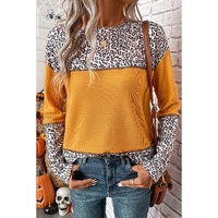 Vitality Orange Leopard Print Waffle Knit Patchwork Top - M thumbnail