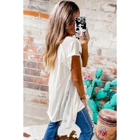 White Hollow Knit Splicing Keyhole Back Tunic Top - L thumbnail
