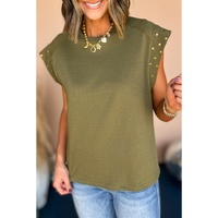 Guacamole Green Studded Short Sleeve Top - L thumbnail