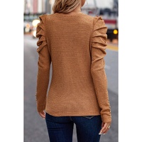 Chestnut Solid Color Textured Buttoned Gigot Sleeve Top - L thumbnail