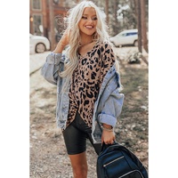 Brown Leopard Print V Neck Half Sleeve Oversized Tee - L thumbnail