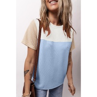 Light Blue Rib Textured Colorblock T Shirt - L thumbnail