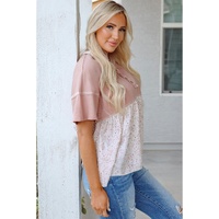 Pink Waffle Floral Patchwork Exposed Seam Detail Short Sleeve Top - L thumbnail