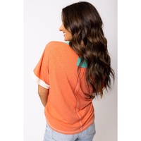 Grapefruit Orange Contrast Trim Exposed Seam V Neck T-shirt - S thumbnail