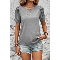 Light Grey Pleated Puff Sleeve Knit Tee - L thumbnail