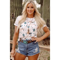 Beige Western Cactus Print Crew Neck Short Sleeve Top - L thumbnail
