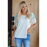 White Stripe Floral Insert Sleeves Contrast Round Neck Tee - L thumbnail