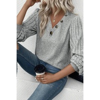 Azura Exchange Light Grey Buttoned V Neck Ribbed Puff Sleeve Top - S thumbnail
