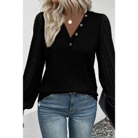 Azura Exchange Black Buttoned V Neck Ribbed Puff Sleeve Top - M thumbnail