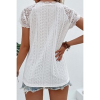 White Sheer Lace Short Sleeves Eyelet Embroidered Tee - S thumbnail