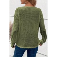 Jungle Green Textured Knit V Neck Button Cuffs Long Sleeve Top - S thumbnail