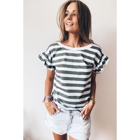 Sea Green Striped V Neck Ruffle Sleeve Top - L thumbnail