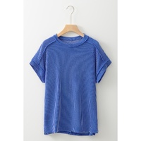 Dark Blue Textured Knit Exposed Stitching T-shirt - M thumbnail