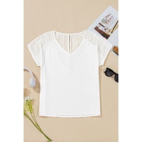 White Lace Crochet Textured Button Back V Neck T Shirt - XL thumbnail