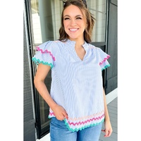 Sky Blue Stripe Ricrac Trim Split Neck Striped Ruffled Sleeve Blouse - L thumbnail