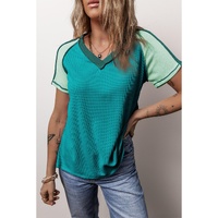 Green Exposed Seam Color Block Knitted V Neck T-shirt - S thumbnail