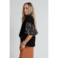 Black Contrast Floral Puff Sleeve Oversized Top - S thumbnail