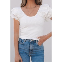 White Eyelet Ruffle Sleeve Slim Fitted Top - 2XL thumbnail