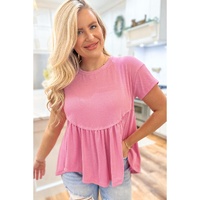 Peach Blossom Subtle Ribbed Short Sleeve Babydoll Top - L thumbnail