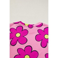 Pink Flower Print Round Neck Cap Sleeve T Shirt - L thumbnail