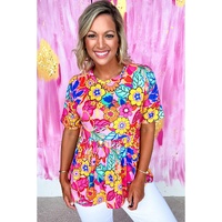 Rose Floral Print Short Sleeve Pleated Babydoll Top - M thumbnail