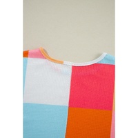 Light Blue Waffle Knit Colorblock Loose T Shirt - S thumbnail