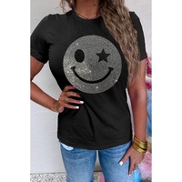 Black Sparkle Rhinestone Smile Face Graphic T Shirt - L thumbnail