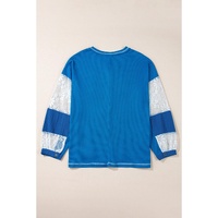 Sky Blue Lace Floral Patchwork Sleeve Stitching V Neck Rib Knit Blouse - L thumbnail