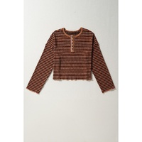 Brown Stripe Textured Frilly Trim Buttons Henley Long Sleeve Top - L thumbnail