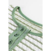 Green Stripe Textured Frilly Trim Buttons Henley Long Sleeve Top - L thumbnail
