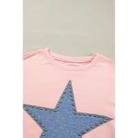 Gossamer Pink Studded Star Graphic Oversized Long Sleeve Top - L thumbnail