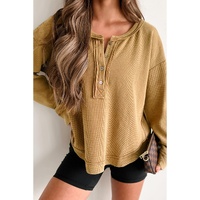 Camel Textured Knit Half Button Drop Shoulder Oversized Top - L thumbnail