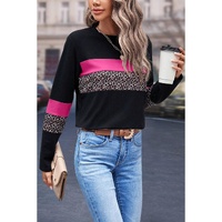 Rose Leopard Colorblock Patchwork Crew Neck Long Sleeve Tee - L thumbnail